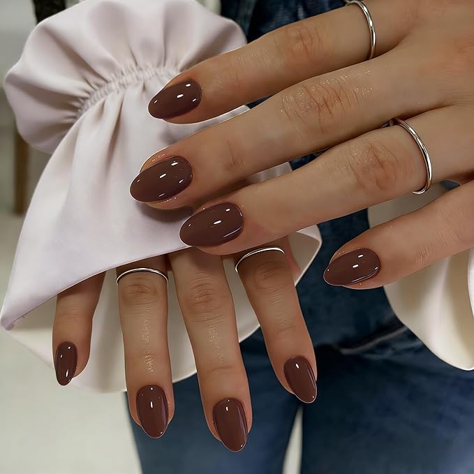 KQueenest Press On Nails Short - Gray Brown Press On Nails Oval, 32 Pcs 16 Sizes Natural Short Fake Nails Press ons Almond, Reusable Opaque Glossy Taupe Glue on Nail with Glue for Everyday Office Wear