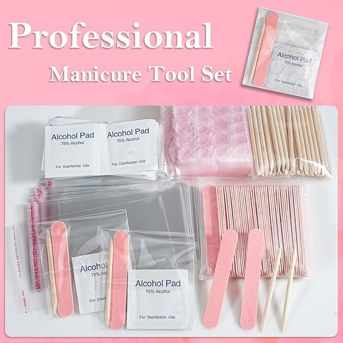 50 Set Disposable Press on Nail Tool Kit, Including 50pcs Nail File, 50pcs Adhesive Nail Tabs, 50pcs Prep Pad, 50pcs Wood Stick, 50pcs OPP Bag, Manicure Nail Prep Kit for Salon Home (50pcs-B-Pink)