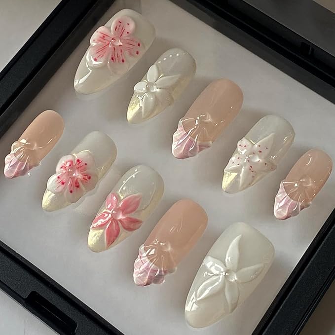 Handmade Press on Nails Medium Almond 3D Unique Fake Nails Pink&White False Nails with Designs Flower Pearls Shell Glossy Glue on Reusable Thick Acrylic Nails 10Pcs(S)