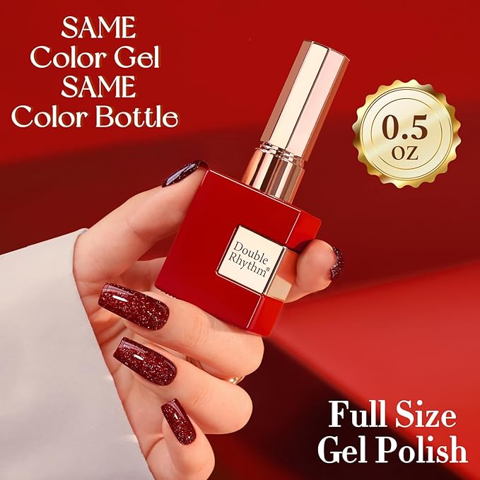 Double Rhythm 0.5Oz Glitter Gel Polish Same Color Same Bollte Shimmer Reflective Color for Nail Art Salon DIY Soak Off 15ml Nail Lamp Gel Polish at Home (Dark Red-B1159)