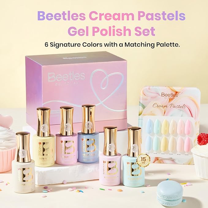 beetles Pastel Gel Polish Set- Cream Patels HEMA-Free Gel, 6 Colors 15ml Pastel Yellow Pink Blue Spring Shades, Salon-Quality Long Lasting Soak Off UV LED Nail Gel with Swatch Card