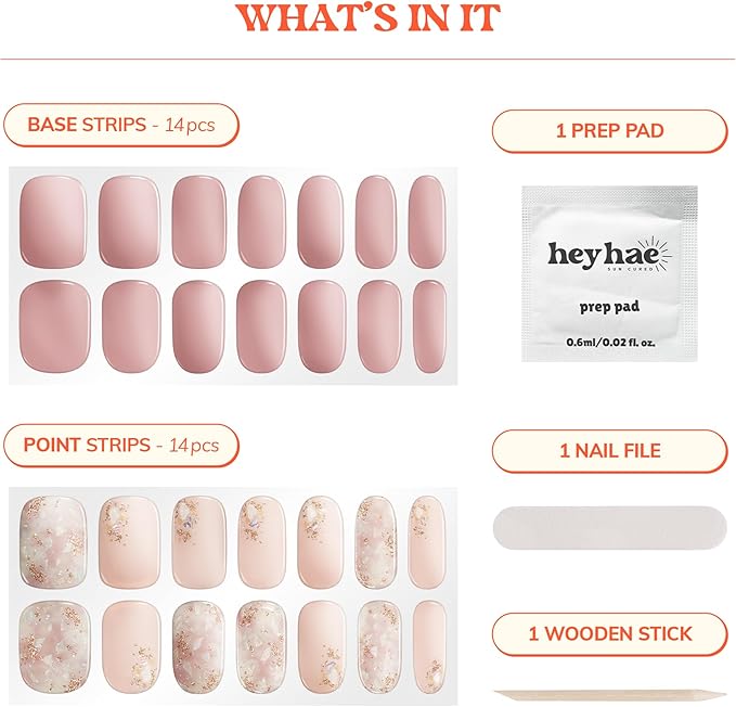 Heyhae Semi Cured Gel Nail Strips | No LED Lamp Needed | Glitter, Pink | Easy Apply & Remove, Salon Quality | Includes 28 Strips, 1 Prep Pads, Nail File & Wooden Stick - Hey, Wanna Brunch?
