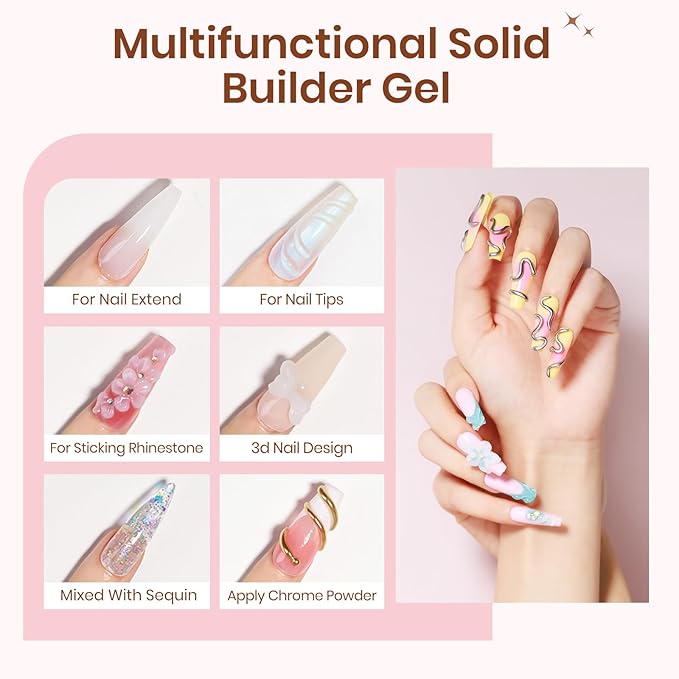 Solid Builder Gel for Nails, Clear White Pink Hard Gel for 3D Nail Art Sculpting with UV Lamp & Chrome Powder for Home DIY Salon, 18g (0.63oz)