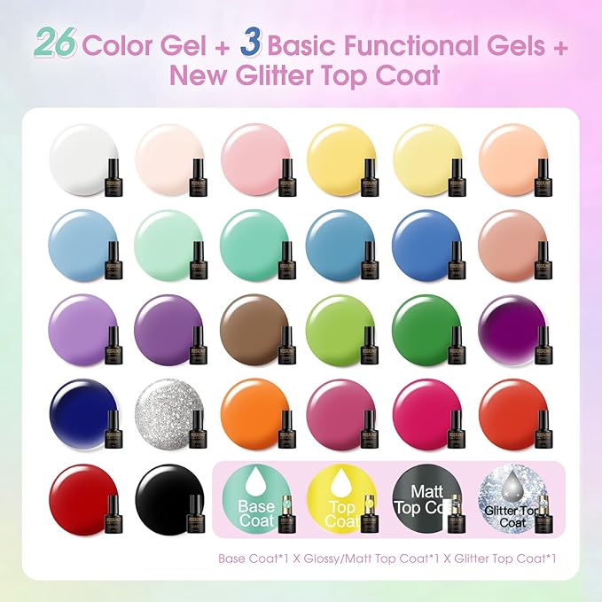 ROSALIND 30pcs Pastel Gel Nail Polish Set, 26 Colors Gel Polish with 3Pcs Glossy Matte Glitter Top Coat and Base Coat White Green Blue Purple Bright Nail Gel Polish Soak Off for Women