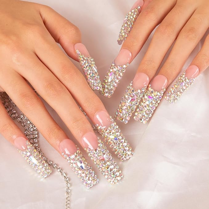 LOVFUL Press on Nails Angel's Tear Rhinestone | Handmade with Full Covered Crystals | Reusable Fake Nails | Square Mid length 1.7in | H48-S
