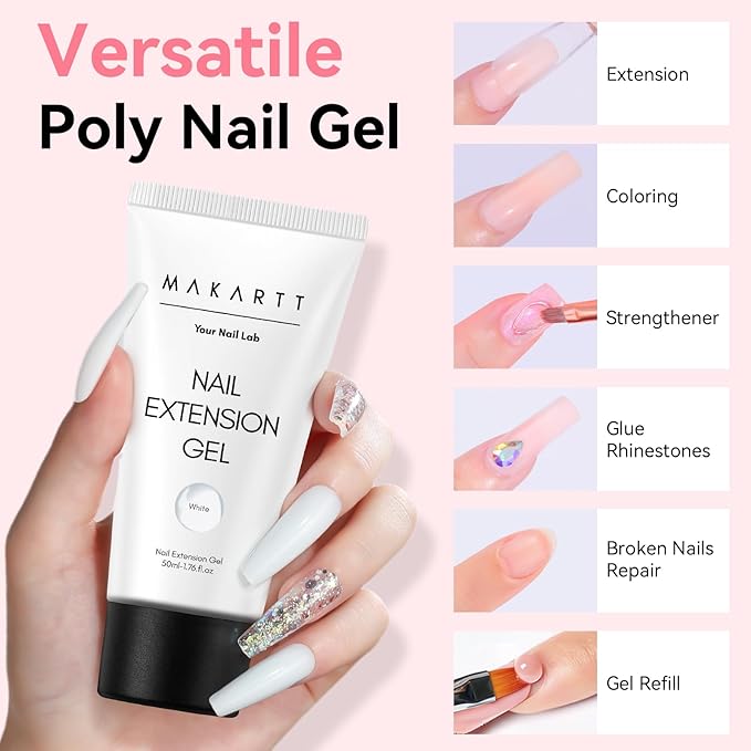 Makartt Poly Nail Gel White Hem-Free 50ML Nail Extension Builder for French Manicure, Hard Gels for Nails Strengthener Long-Lasting Salon Nail Art Design Easy DIY at Home