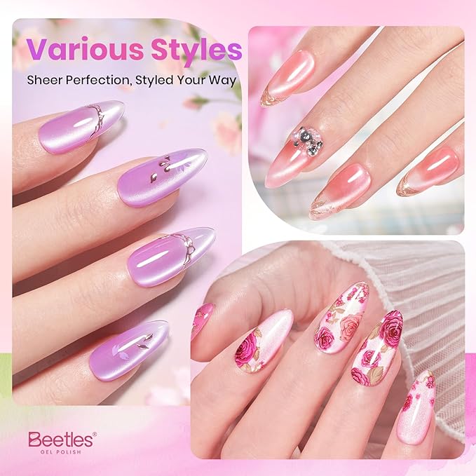 Beetles Cat Eye Gel Nail Polish Set, 6 Colors Pastel Spring Shimmer Glitter Gel Polish Kit Pink Red Blue Orange Green Purple Velvet Gel Soak Off LED UV with Magnet Nail Art DIY Manicure Gift for Women