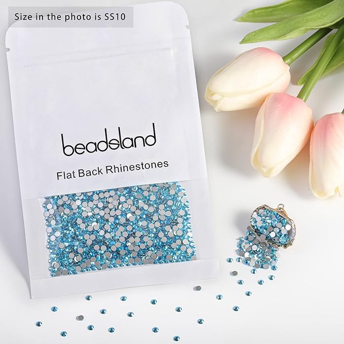 Beadsland Flat Back Crystal Rhinestones Round Gems for Nail Art and Craft Glue Fix, Aquamarine AB, 2.7-2.9mm, SS10/1440pcs