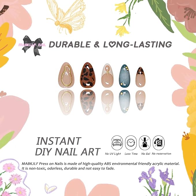 Press On Nails Medium Almond MABKJLF French Tip False Nails with Designs Leopard Print Cheetah Print Embossed Swirl Glossy Glue on Acrylic Nails for Women Girls 24 Pcs