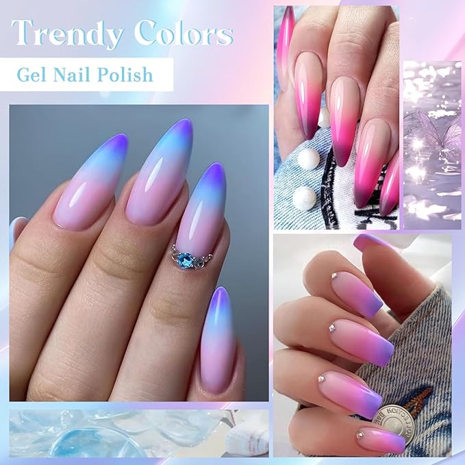 12Pcs Color Changing Gel Nail Polish Set Pink Purple Glitter Brown Mood Temperature Change Nail Polish Gel Set Soak Off Nail Art Gel DIY Salon Manicure Gift
