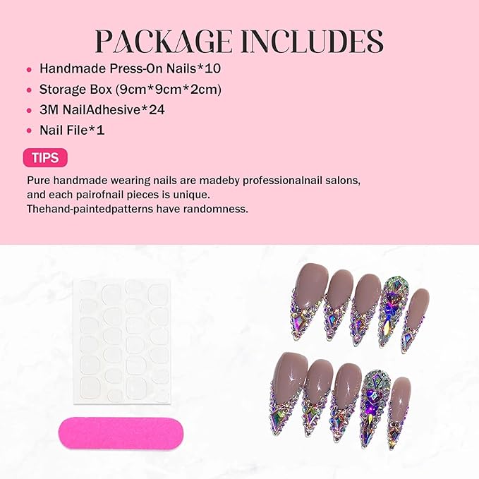 10Pcs Handmade Press on Nails Rhinestone French Tip Fake Nails Long Stiletto False Nails with 3D Designs Luxury Glue On Nail Full Cover Stick on Nail for Women Manicure (Size M)