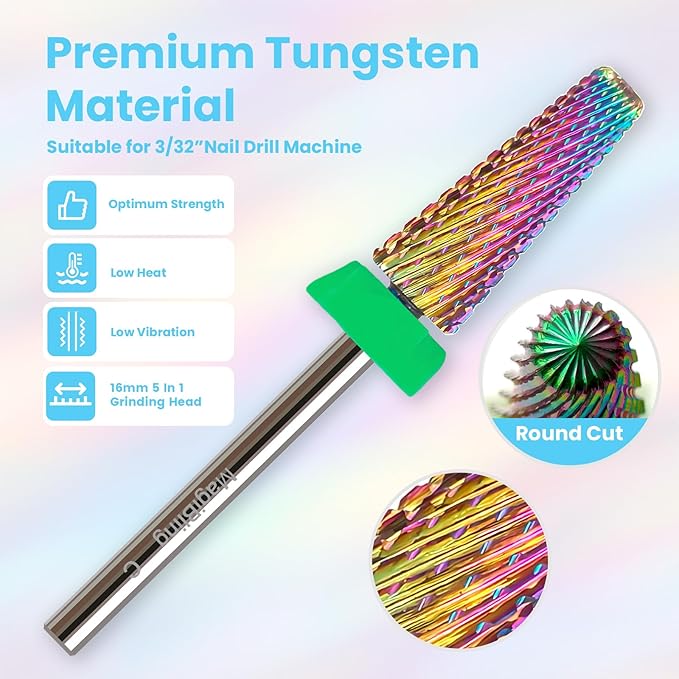C 5-in-1 Nail Drill Bits, 16mm Tapered 3/32'' Professional Tungsten Carbide Bits for Efile, 2 Rotation for Electric Drill, Remove Thick & Soft Gel Fast, Manicure Cuticle Polish, Nail Techs Bit, Coarse