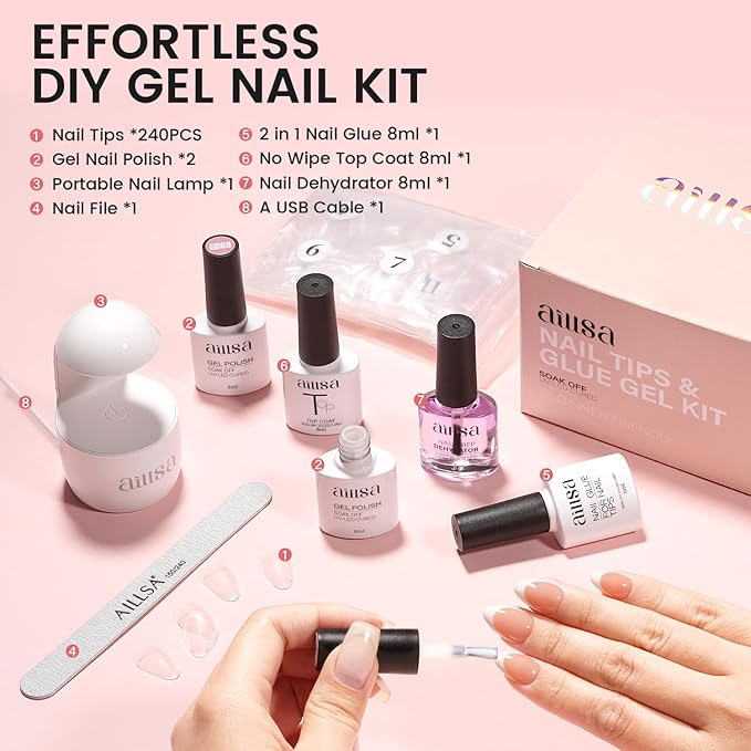 AILLSA Nail Extension Kit Short Almond Nail Tips 240pcs with 2 In 1 Nail Glue Base Coat and Nail Dehydrator, Gel Nail Tips Kit with Nail Lamp Top Coat for Starters Home Salon Valentine's Day