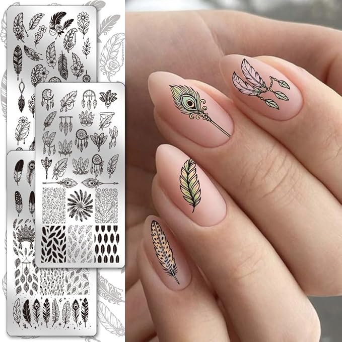 PH PandaHall 3pcs Feather Nail Stamping Plates Dreamcatcher Nail Art Templates Feather Flower Nails Image Plates Dreamy Pendant Nails Design Stamp for Women Manicures Salon DIY Printing Decoration