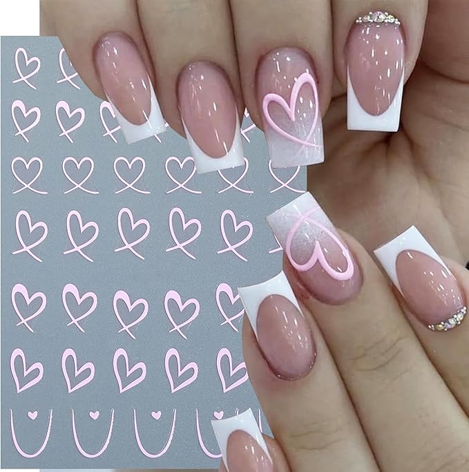 6Pcs Heart Nail Stickers for Nail Art Love Hearts Nail Decals Hollow Love 3D Nail Art French Sticker Self-Adhesive Slider Kawaii Heart-Shaped Manicure Decals Nail Tip for Women Valentine Gift