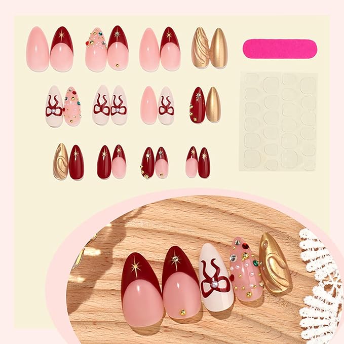 Christmas Press on Nails Medium Almond MABKJLF Fake Nails French Tip False Nails with Rhinestones Bow Pearls Designs Full Cover Glossy Glue on Nail Acrylic Nails for Women Girls 24Pcs
