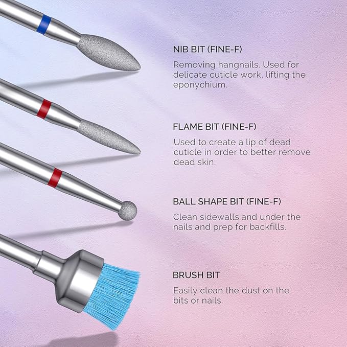 7Pcs Nail Drill Bits Set for Acrylic Nails - Tungsten Carbide & Diamond Cuticle Bits with Safety Round Top, 3/32" Professional Nail Tech Kit for Gel Removal, Beginner Friendly Manicure Pedicure Tools