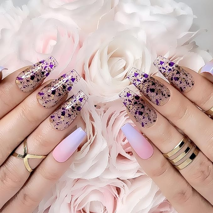 Hypnaughty Rio 24pcs Long Coffin Press-on Nails, Pink to Purple Ombre with Transparent Gold Design, ABS Material, Full Set with Glue