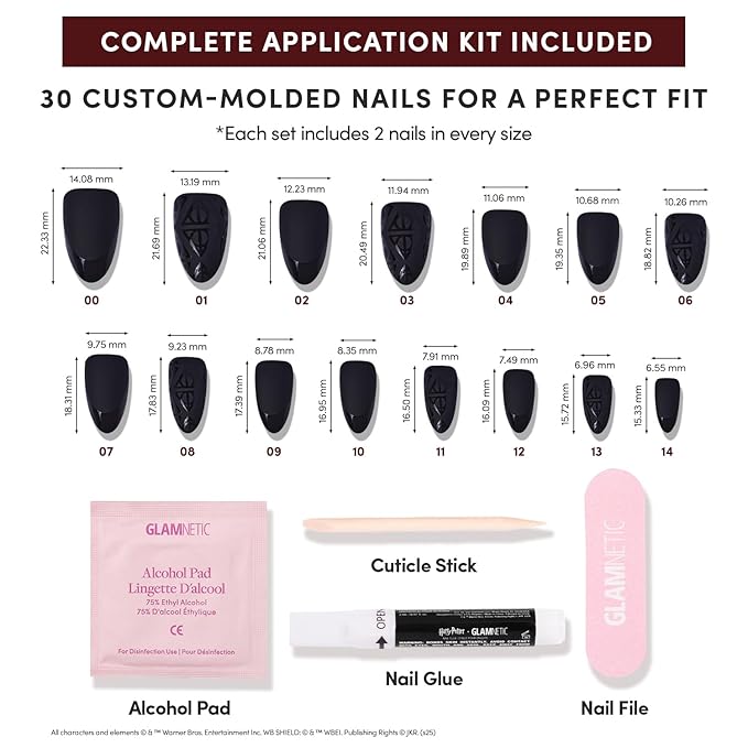 Harry Potter™ x Glamnetic Press On Nails - Deathly Hallows™ | Black Harry Potter™ Graphic Short Almond Nails in a Matte & Glossy Finish | 15 Sizes - 30 Nail Kit with Glue