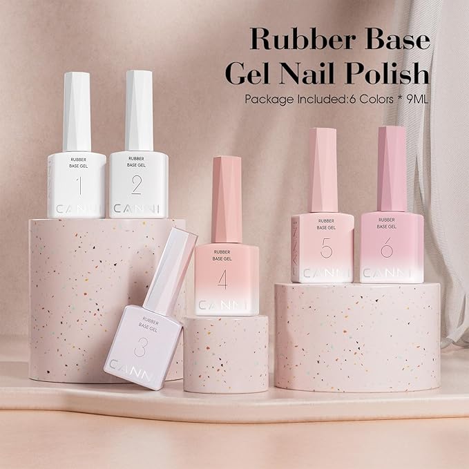 CANNI Rubber Base Gel Set - 6 Colors Milky White Clear Pink Nude Builder Nail Gel for Nail Strengthening, Soak Off UV LED for Natural Nails, DIY Manicure Salon Use Women & Girls