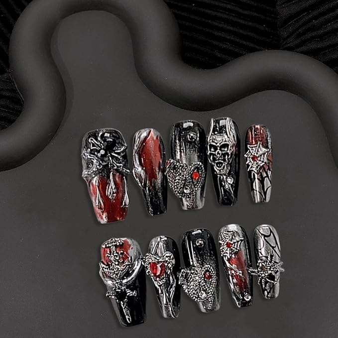 Halloween Press on Nails Handmade Manicure Art Reusable False Nails with Luxury 3D Skull Spider Web and Red Heart Designs Thick Acrylic Nail Medium Coffin Stick on Nail for Women (Size M)