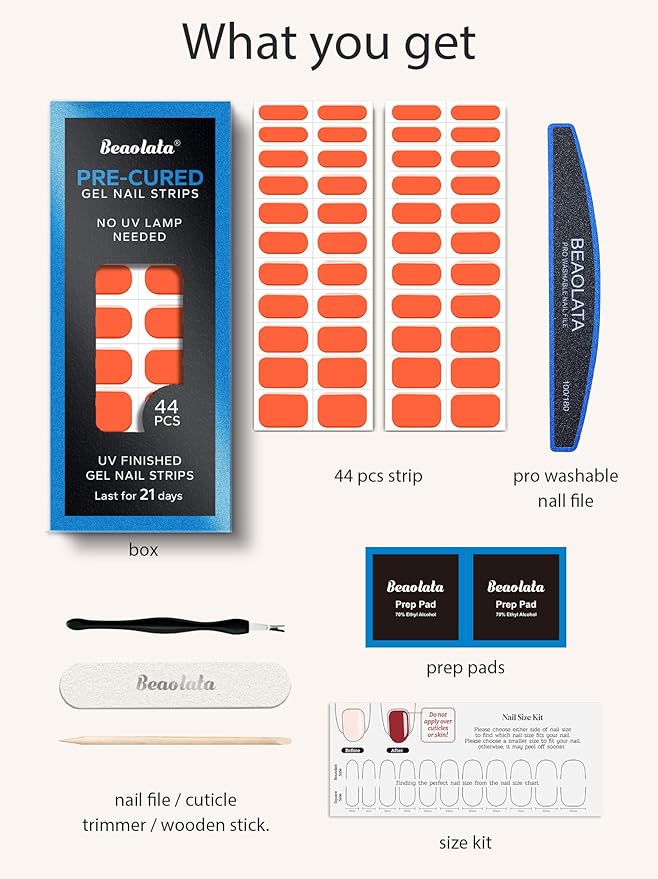 Real Gel Nail Strips (No UV Light Needed) - 44Pcs Salon Quality Nail Stickers - Long Lasting Polish Wraps for Women, Easy Apply & Remove (Crimson Tip Orange)