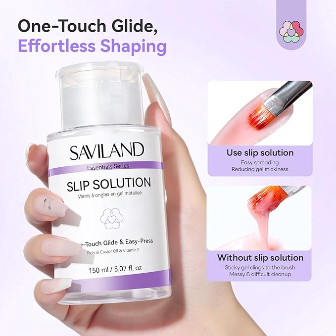 SAVILAND Slip Solution Kit for Poly Nail Gel: 150 ml/5.07fl.oz Nail Extension Slip Solution with Dual-Ended Nail Brush, Large Capacity One-Touch Glide No-Stick Liquid Easy for Nail Art Extension DIY