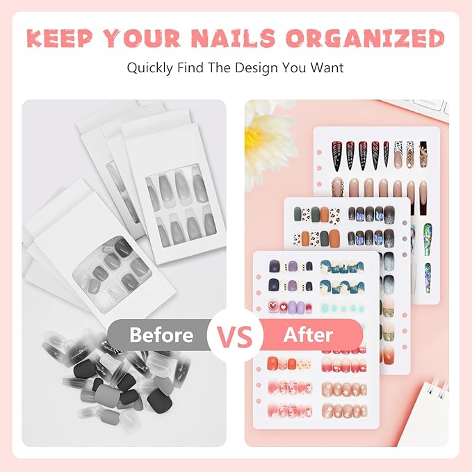 KEIFIN 6 PCS Blank Refill Sheets for Press On Nail Storage Organizer Binder A5 Plastic Insert Pages for Fake Nail Swatch Container Book Polish Color Display Holder with 60 Pcs Tape Strips (WHITE)