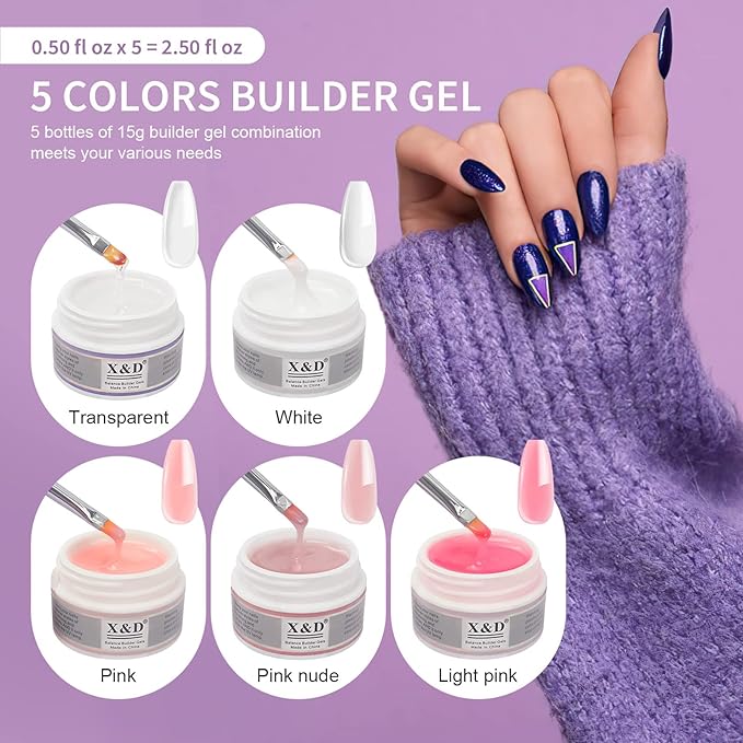 X&D Poly Gel Nail Kit Polygel Quick Dry Natural Clear Polygel 5 Colors Nail Extension Balance Builder with Dual Forms, Brush with Spatula, Professional File and Buffer Set