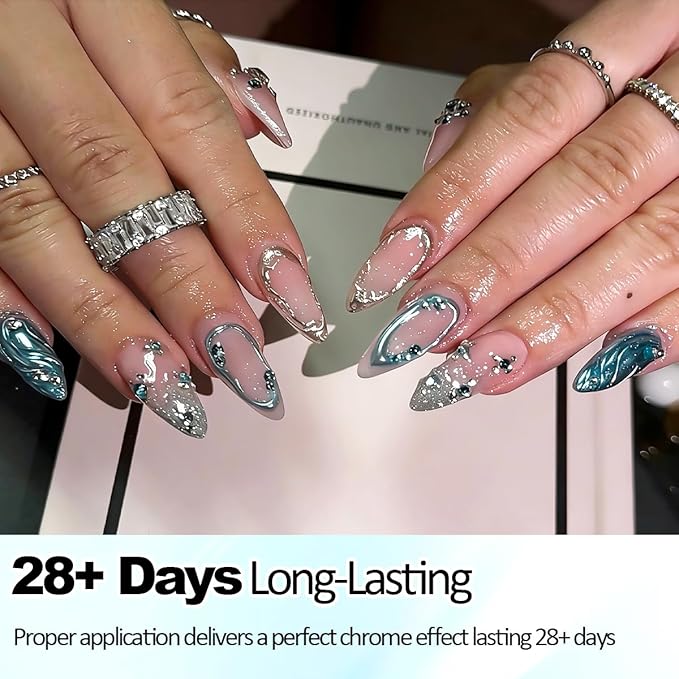3D Gel Nail Art & Chrome Nail Powder Kit, Metallic Mirror Effect Holographic Aurora Iridescent Chrome Pigment Glitter Dust and 10g Clear 3D Sculpting Gel for DIY Nail Art (Lake Blue)