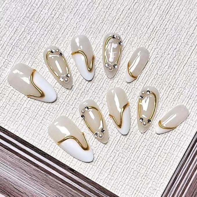 Press On Nails Medium Almond Shape - 3D Handmade Acrylic Gel Fake Nails with Glitter Designs, Reusable Thick Almond Nails for Women DIY Manicure Kit (10PCS, L Size, Easy Application)