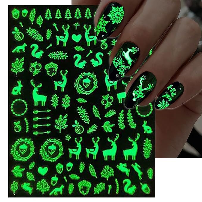 Glow in The Dark Snowflake Nail Stickers, Christmas 3D Self-Adhesive Nail Art Decals - White Snowman Santa Elk Design for DIY Manicure Winter Xmas DIY Nail Decorations stz (6 Sheets)