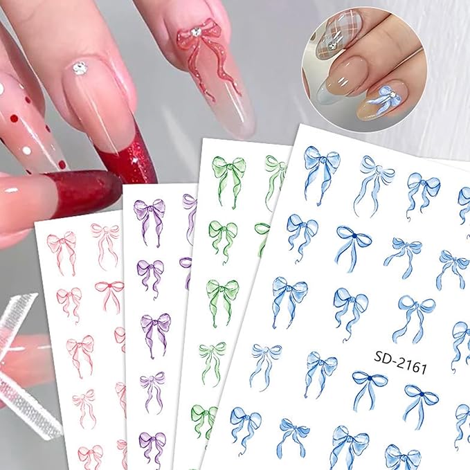 12 Sheets Bow Nail Sticker 3D Embossed Self-Adhesive Color Bow Art Nails Decals 5D Design Stickers Supplies for Women Girls Manicure Decoration 931-12