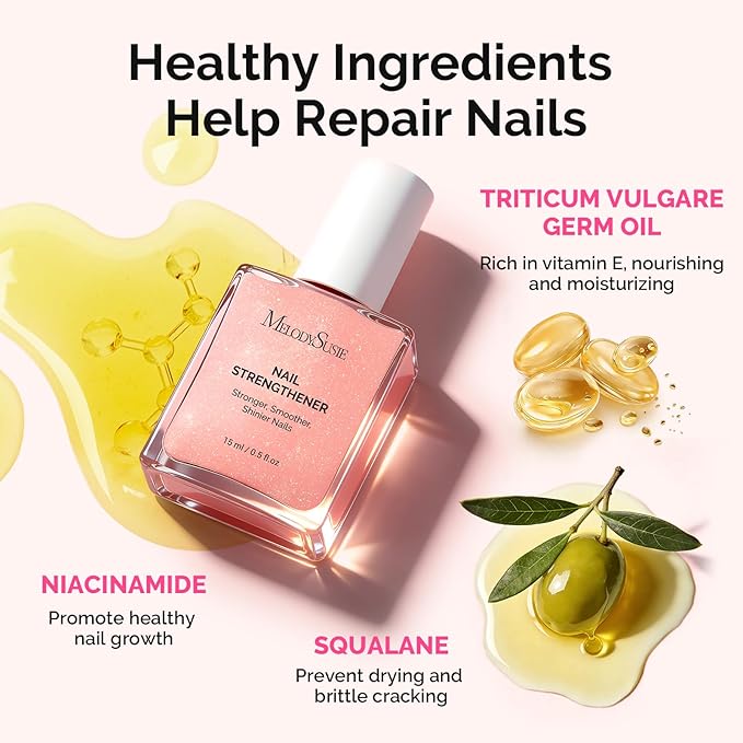 MelodySusie Nail Strengthener and Growth Treatment, 2-in-1 Ridge Filling Base Coat & Glossy Concealer Polish for Damaged Nail Repair and Healthy Shine,Gifts for Women 15ml 0.5 Fl Oz Sparkling Peach
