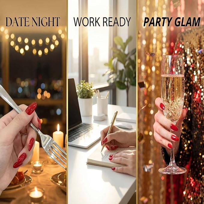 Red Press on Nails Almond Medium Fake Nails Solid Color Designs Glue on Nails Full Cover Red Glossy False Nail Removable Stick on Nail for Women 24 Pcs