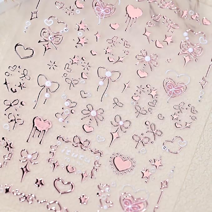 1Pcs 5D Valentines Nail Art Stickers Self Adhesive Rose Gold Bow Nail Decals Embossed Love Heart Nail Stickers Shiny Star Nail Design Sticker Pink Valentines Sticker Cute Nail Supplies Decor for Women