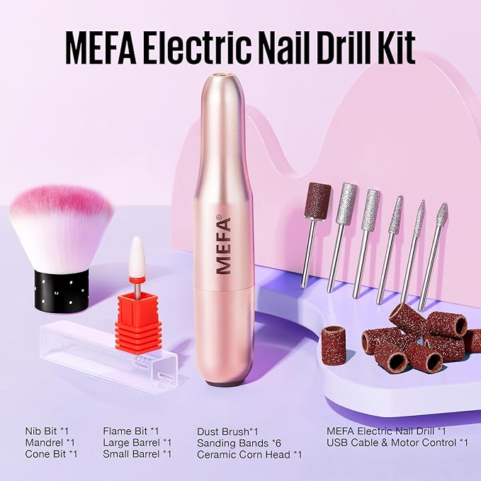 MEFA 16 PCS Kit Electric Nail Drill with Bits & Dust Brush, 20000RPM Portable Professional Electric Nail File, Manicure Pedicure Nail Set Efile Nail Drill for Home Salon