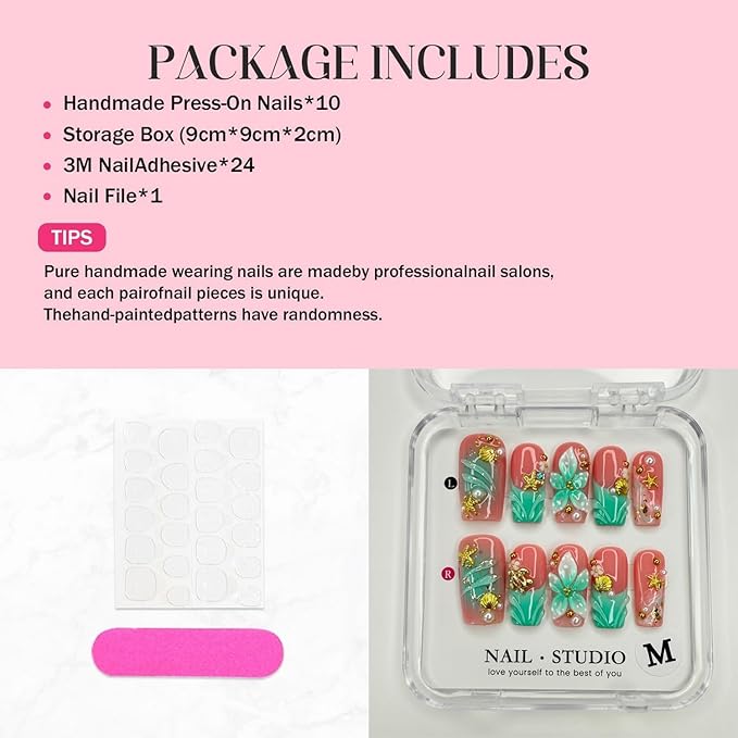 Handmade Press on Nails French False Nails Medium Coffin Fake Nails Gradient Flower Acrylic Nails Full Cover Reusable 3D Starfish Shell Fake Nails for Women Girls Accessories (Size S)
