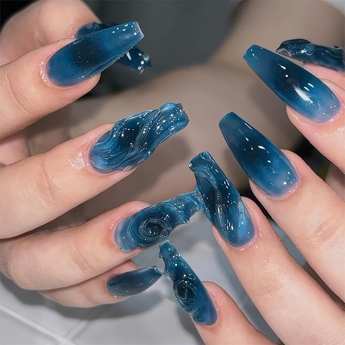RTKHFZE Coffin Press on Nails Long Length,Ocean Blue Fake Nails with Stripes Design Ombre False Glue on Nails Winter Nails for Holiday/Christmas Gift for Women