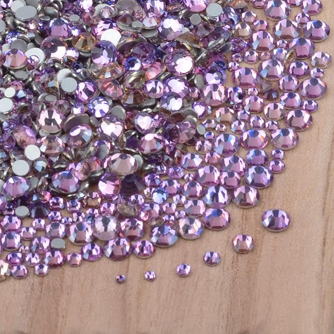 10000 Pieces Rhinestones 6 Sizes Round Crystal Glass Flat Back Rhinestones with 1Tweezers and 1Picking Pen for Nail Art Crafts Clothes Bags DIY (Pink Purple)