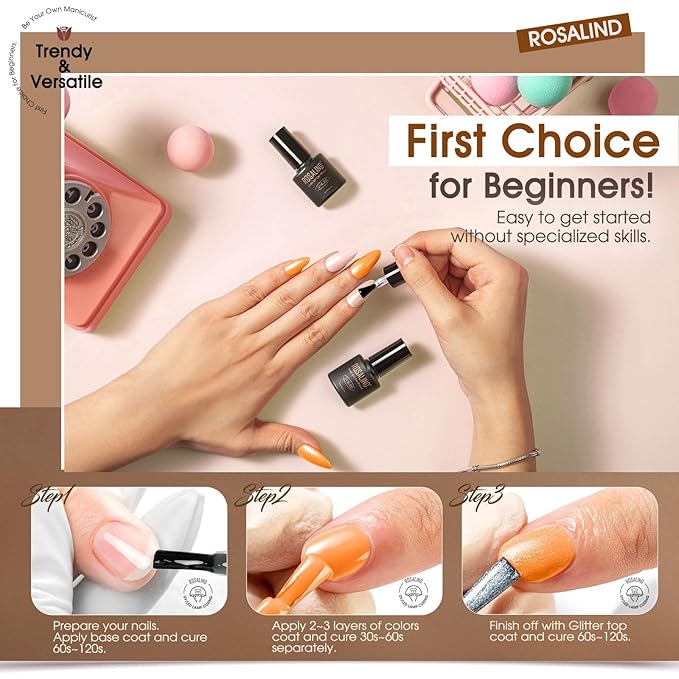 ROSALIND 24pcs Gel Polish Set with 4 Bottles of Base and Glossy Matte Glitter Top Coat Yellow Purple Blue Gel Nail Polish Set Bright Colors Gel Nail Set for Women