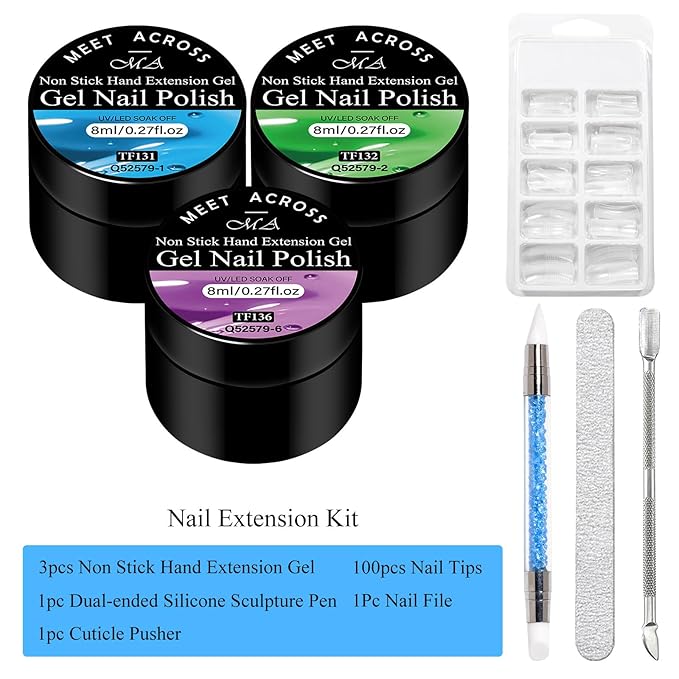 MEET ACROSS Solid Builder Gel Kit, 3 Colors Thickening Neon Blue Breen Purple Nail Strengthener Builder Gel Kit with Brush Pen Soak Off UV Nail Extension Manicure Supplies