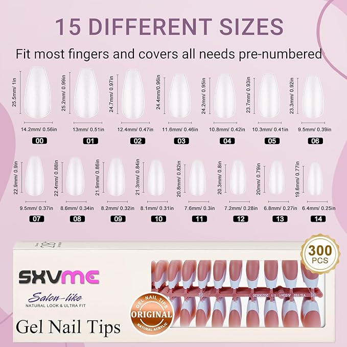 Gel French Tip Nails Long Coffin Press on Nails White 300Pcs Pre-applied Tip Primer Natural Brown Fake Nails Extensions Kit for Women Girls DIY