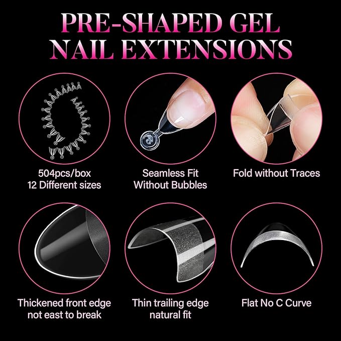 AIMEILI Short Almond Nail Tips, 504pcs Half Cover Short Gel Nail Tips Clear Fake Nails for Nail Extension DIY Nail Salon, 12 Sizes
