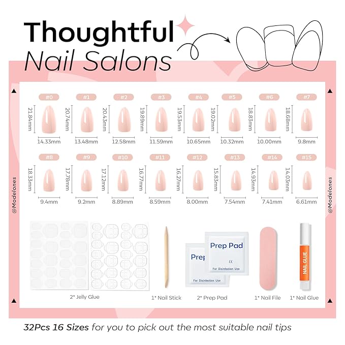 Modelones Chrome Pink Press on Nails, Spring Pearl Short Almond Fake Nails, Reusable Nail Kit with Nail Glue Adhesive Tabs Mini Nail File, Nails Press Ons 32 Pcs 16 Sizes
