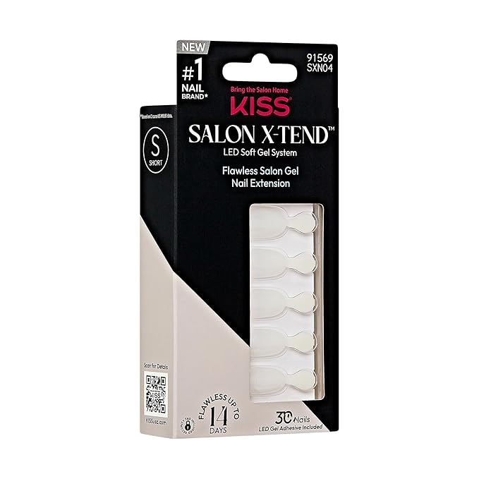 KISS Salon X-tend, Press-On Nails, Nail glue included, 'Keep It', Light White, Short Size, Oval Shape, Includes 30 Nails, 5Ml Led Soft Gel Adhesive, 1 Manicure Stick, 1 New Mini File, New Prep Pad