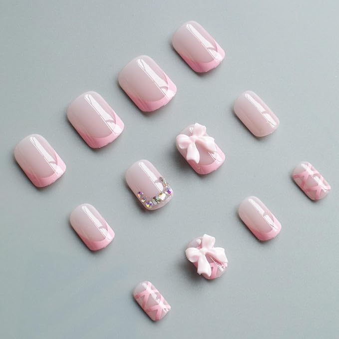 Pink French Tip Short Square Press on Nails MABKJLF Cute Fake Nails False Nails with Bow Rhinestones Designs Full Cover Glossy Glue on Nails Stick on Nails for Women Girls 24Pcs