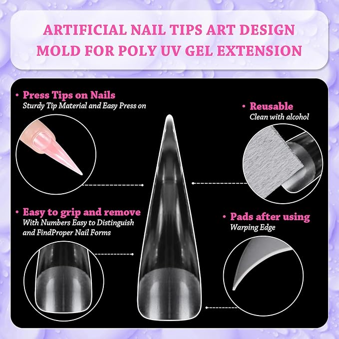 outopen 240pcs Long Straight Sharp Stiletto Nail Tips Clear Matte Full Cover Nail Extension Tips Long Stiletto Spiky Nail Tips Gel Press on Nails for Polygel Acrylic Extension DIY Manicure, 12 Sizes