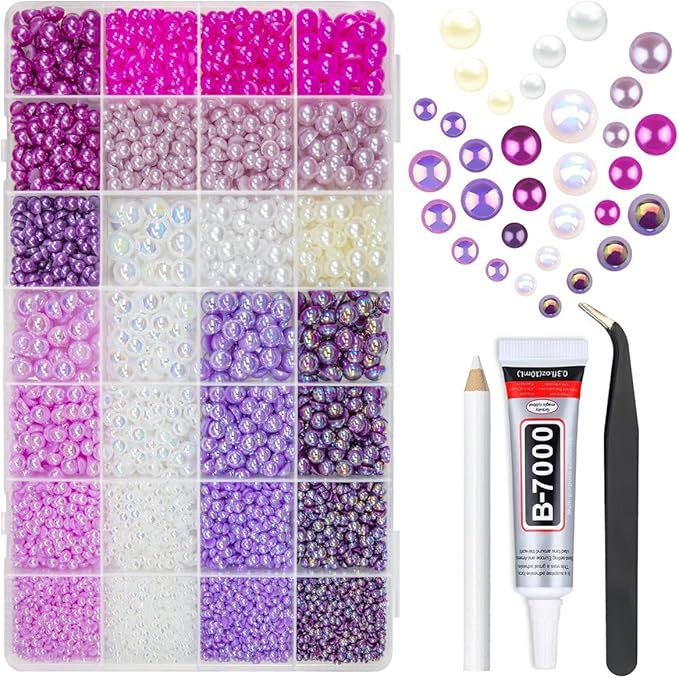 28 Types Purple Flatback Pearls w B7000 Jewelry Glue for Bedazzling Crafting 3mm 4mm 5mm 6mm 8mm 10mm Flatback Colorful AB Half Pearls Charms for Nails Face Eyes Makeup Crafts Tumblers Bottles