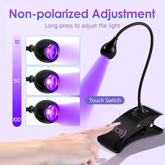 AORAEM UV Nail Lamp 3W Rechargeable Gooseneck UV Light for Gel Nails Touch Flash Cure Lamp Nail Dryer with Clamp, Portable LED Gel Light 3 Level Timing Home Professional DIY Manicure Salon, Black
